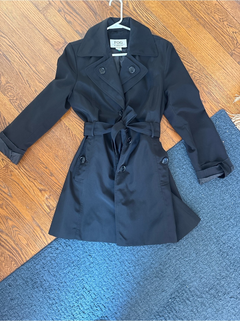 London Fog Black Double-Breasted Belted Trench